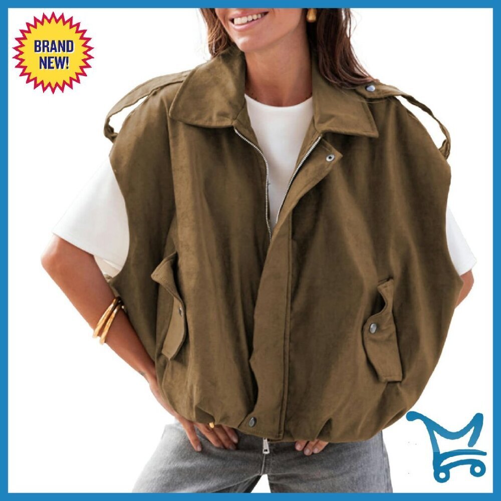 Faux Suede Cropped Vest with Lapel Collar and Side Pockets